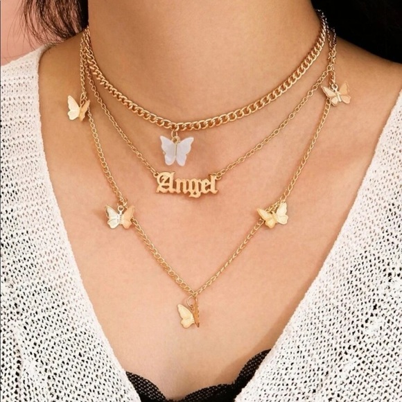 gold Butterfly Angel letter Layered Necklace - Picture 1 of 2